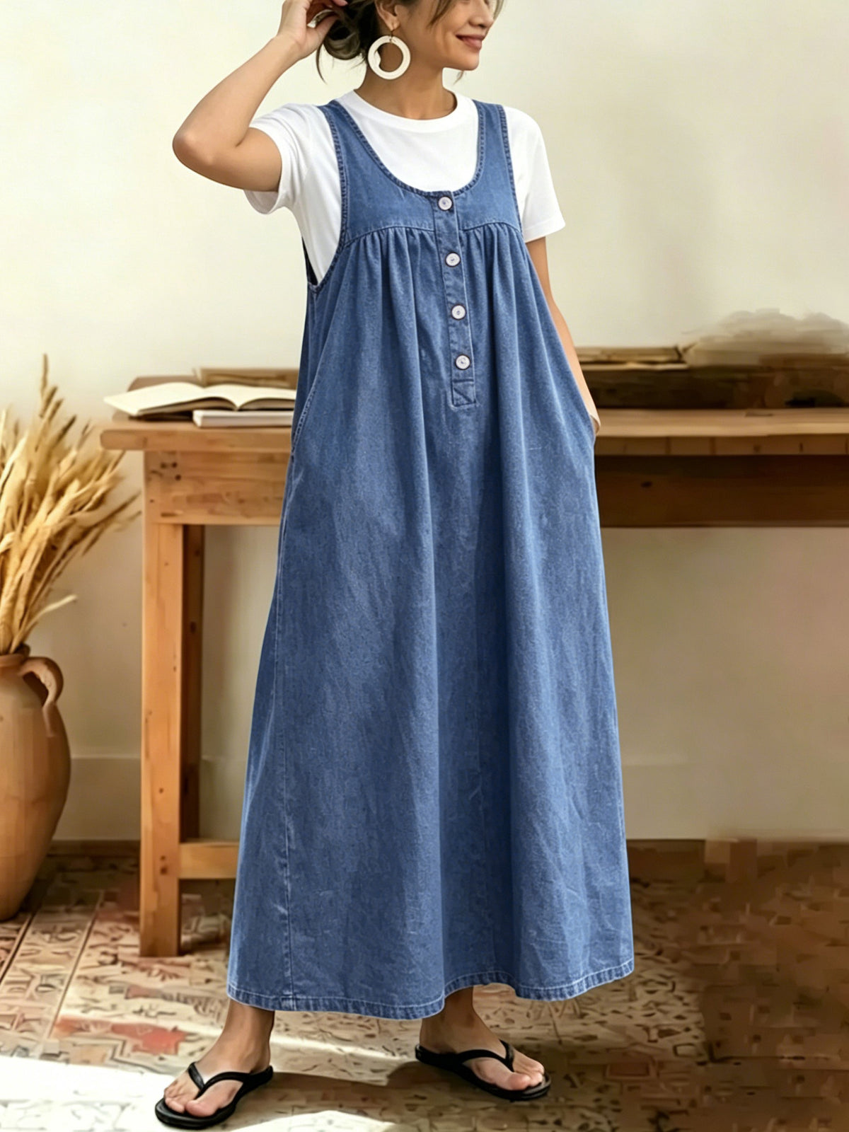 Chouyatou Women's Pullover Denim Overall Dress Mid Long Button Front Pinafore Bib Jean Dress With Pockets