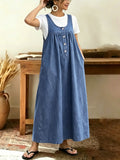 CHOUYATOU Women's Pullover Denim Overall Dress Mid Long Button Front Pinafore Bib Jean Dress With Pockets