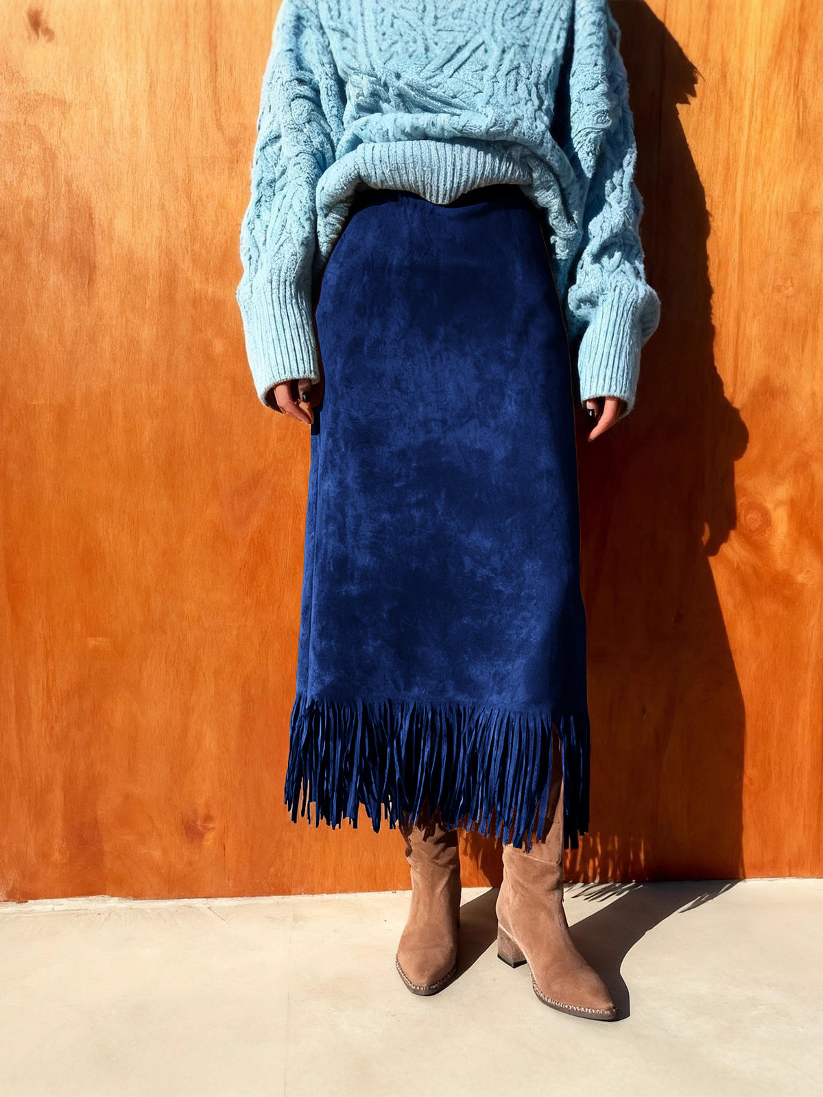 CHOUYATOU Women's Fringe Trim Faux Suede Skirt High Waisted Pencil Dressy Fall Winter Midi Long Skirt