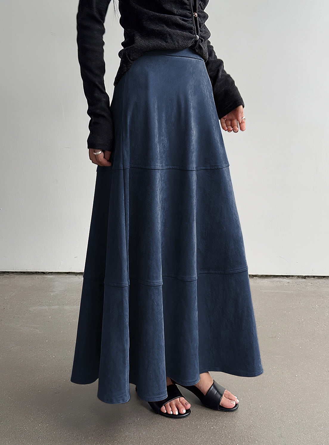 CHOUYATOU Women's Elegant Ruffle Faux Suede Leather Skirt High Waisted A Line Fall Winter Maxi Long Skirt
