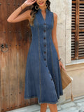 CHOUYATOU Women's Sleeveless Denim Tank Dress V Neck Button Front A Line Midi Jean Sundress with Pockets