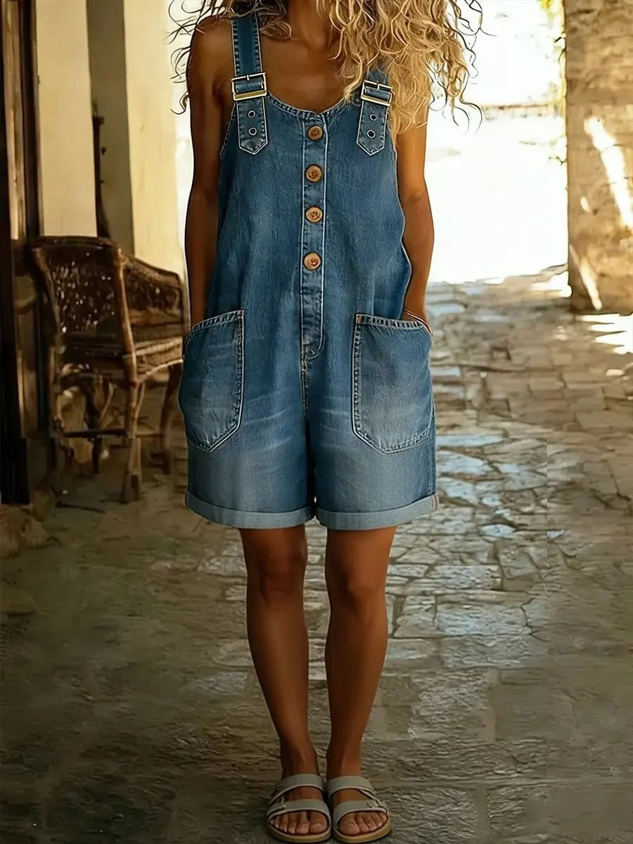 Chouyatou Women's Y2K Denim Shortalls Button Front Wide Leg Loose Bib Jean Overalls Shorts Romper Jumpsuits Vintage