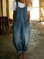 Chouyatou Women's Y2K Denim Bib Overall Pants Button Front Wide Leg Jean Jumpsuits Vintage Loose Romper