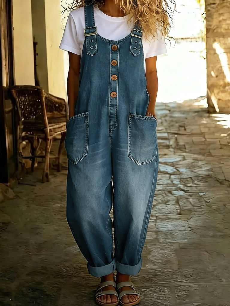 Chouyatou Women's Y2K Denim Bib Overall Pants Button Front Wide Leg Jean Jumpsuits Vintage Loose Romper