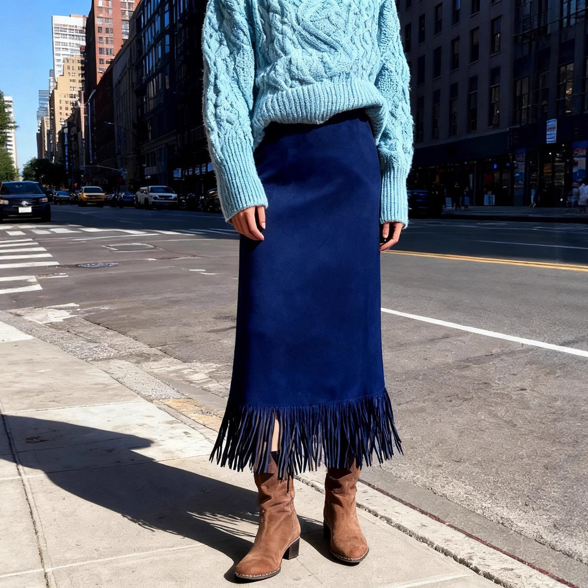 CHOUYATOU Women's Fringe Trim Faux Suede Skirt High Waisted Pencil Dressy Fall Winter Midi Long Skirt