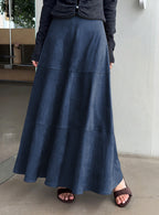 CHOUYATOU Women's Elegant Ruffle Faux Suede Leather Skirt High Waisted A Line Fall Winter Maxi Long Skirt
