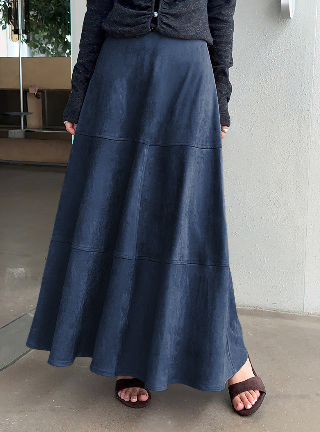 CHOUYATOU Women's Elegant Ruffle Faux Suede Leather Skirt High Waisted A Line Fall Winter Maxi Long Skirt