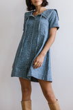CHOUYATOU Women's Leopard Print Short Sleeve denim Dress Button Down Peter Pan Collar Midi Jean Dress