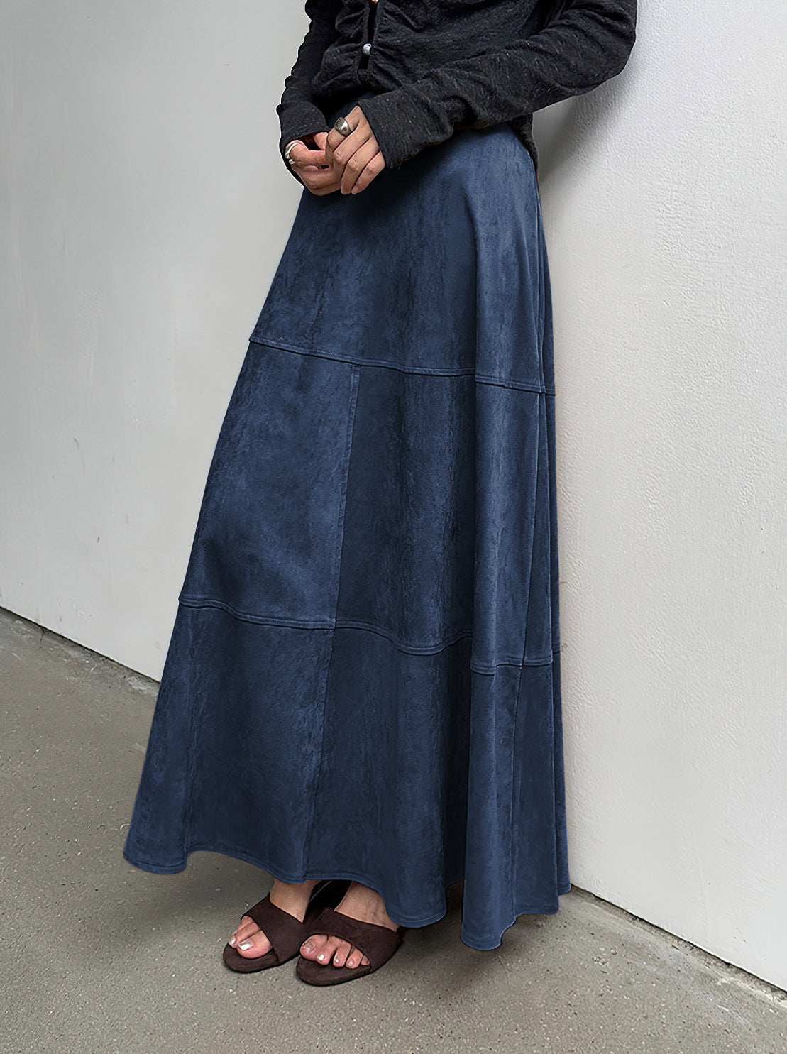 CHOUYATOU Women's Elegant Ruffle Faux Suede Leather Skirt High Waisted A Line Fall Winter Maxi Long Skirt