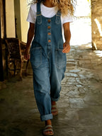 Chouyatou Women's Y2K Denim Bib Overall Pants Button Front Wide Leg Jean Jumpsuits Vintage Loose Romper