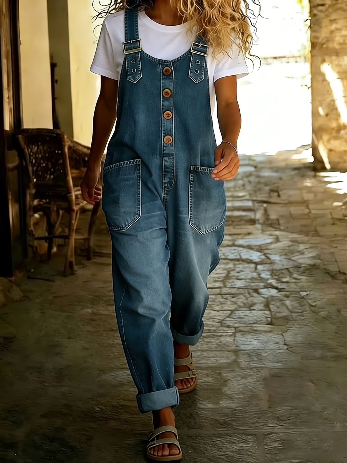 Chouyatou Women's Y2K Denim Bib Overall Pants Button Front Wide Leg Jean Jumpsuits Vintage Loose Romper