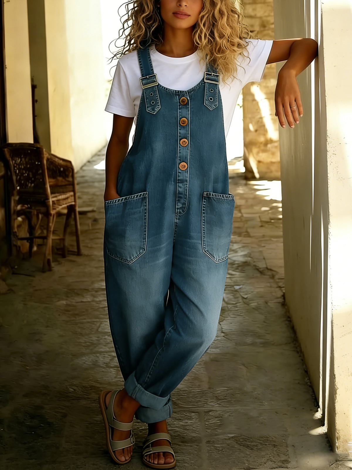 Chouyatou Women's Y2K Denim Bib Overall Pants Button Front Wide Leg Jean Jumpsuits Vintage Loose Romper
