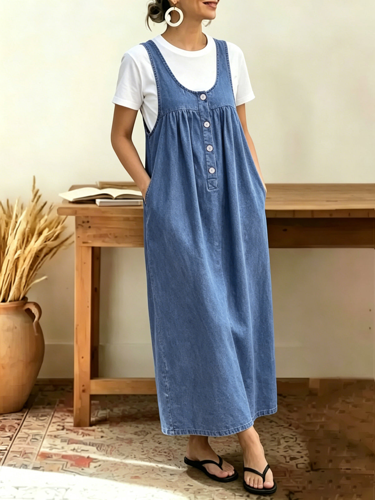 Chouyatou Women's Pullover Denim Overall Dress Mid Long Button Front Pinafore Bib Jean Dress With Pockets