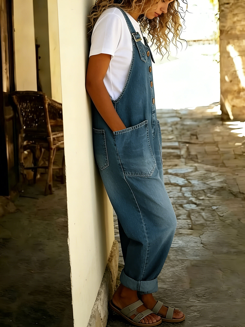 Chouyatou Women's Y2K Denim Bib Overall Pants Button Front Wide Leg Jean Jumpsuits Vintage Loose Romper