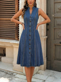 CHOUYATOU Women's Sleeveless Denim Tank Dress V Neck Button Front A Line Midi Jean Sundress with Pockets