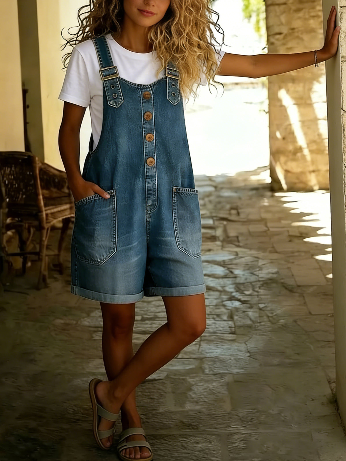 Chouyatou Women's Y2K Denim Shortalls Button Front Wide Leg Loose Bib Jean Overalls Shorts Romper Jumpsuits Vintage