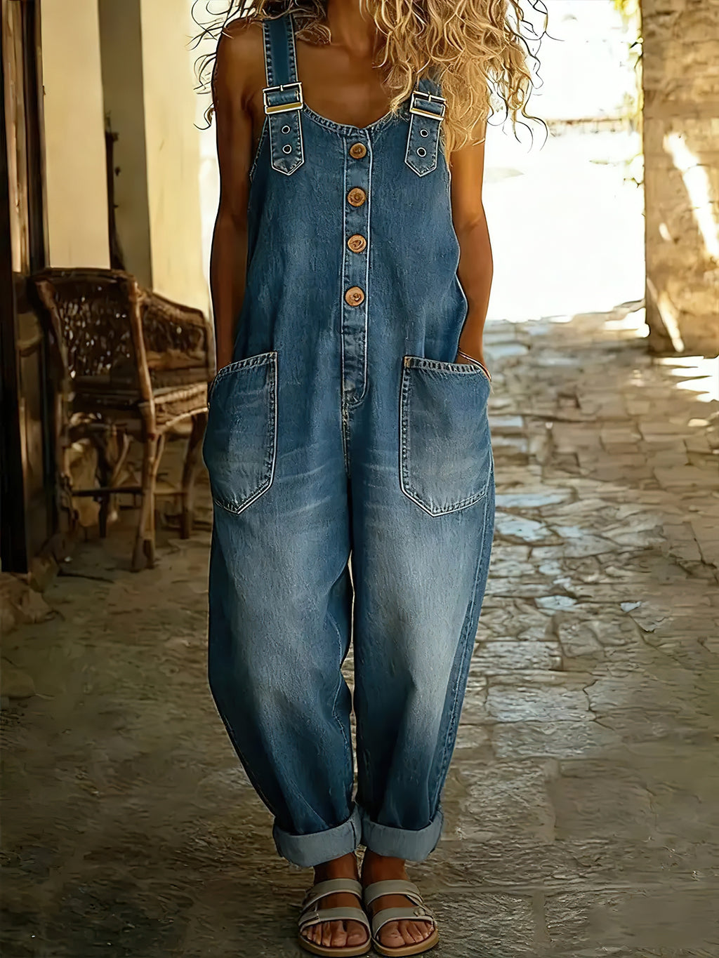 Chouyatou Women's Y2K Denim Bib Overall Pants Button Front Wide Leg Jean Jumpsuits Vintage Loose Romper
