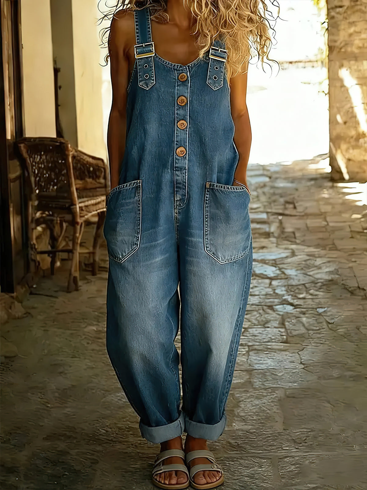 Chouyatou Women's Y2K Denim Bib Overall Pants Button Front Wide Leg Jean Jumpsuits Vintage Loose Romper