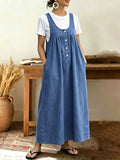 CHOUYATOU Women's Pullover Denim Overall Dress Mid Long Button Front Pinafore Bib Jean Dress With Pockets