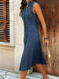 CHOUYATOU Women's Sleeveless Denim Tank Dress V Neck Button Front A Line Midi Jean Sundress with Pockets
