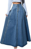 Chouyatou Women's Retro High Waisted Button Fly Flared Long Jean Skirts Pleated Flowy Swing A-line Denim Maxi Skirts