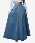 Chouyatou Women's Retro High Waisted Button Fly Flared Long Jean Skirts Pleated Flowy Swing A-line Denim Maxi Skirts