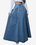 Chouyatou Women's Retro High Waisted Button Fly Flared Long Jean Skirts Pleated Flowy Swing A-line Denim Maxi Skirts