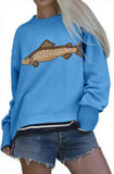 Chouyatou Women Fashion Crew Neck Rib Knit Crucian Carp Graphic Oversized Y2k Pullover Sweater Jumper