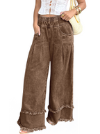CHOUYATOU Women's Frayed Fringe Wide Leg Jeans Pleated Baggy Denim Pants | Elastic Waistband, Fringed Tassel Hem, Elegant Pleats, Baggy Loose Fit, With Pockets, Jeans For Women Fringe Bottom