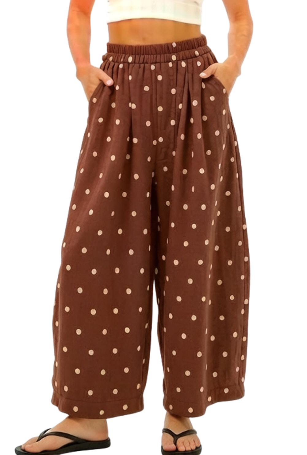 CHOUYATOU Women Summer Boho Cotton Linen Polka Dot Pants Beach Elastic Waist Palazzo Wide Leg Barrel Pants