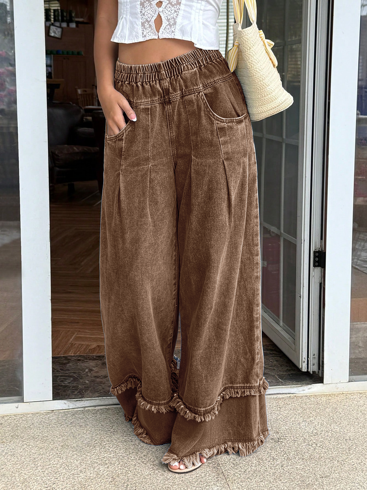 CHOUYATOU Women's Frayed Fringe Wide Leg Jeans Pleated Baggy Denim Pants | Elastic Waistband, Fringed Tassel Hem, Elegant Pleats, Baggy Loose Fit, With Pockets, Jeans For Women Fringe Bottom