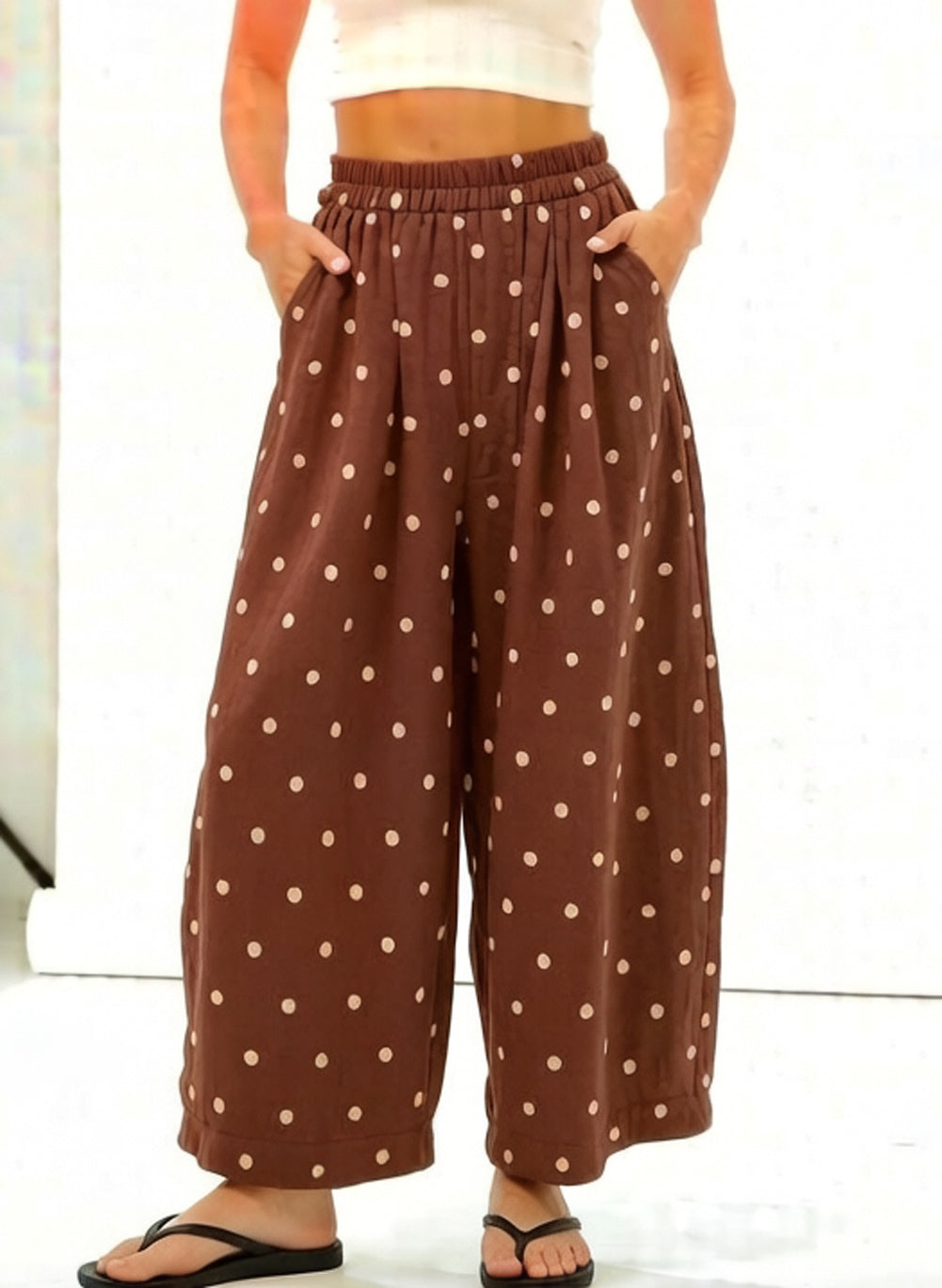 CHOUYATOU Women Summer Boho Cotton Linen Polka Dot Pants Beach Elastic Waist Palazzo Wide Leg Barrel Pants
