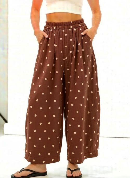 CHOUYATOU Women Summer Boho Cotton Linen Polka Dot Pants Beach Elastic Waist Palazzo Wide Leg Barrel Pants