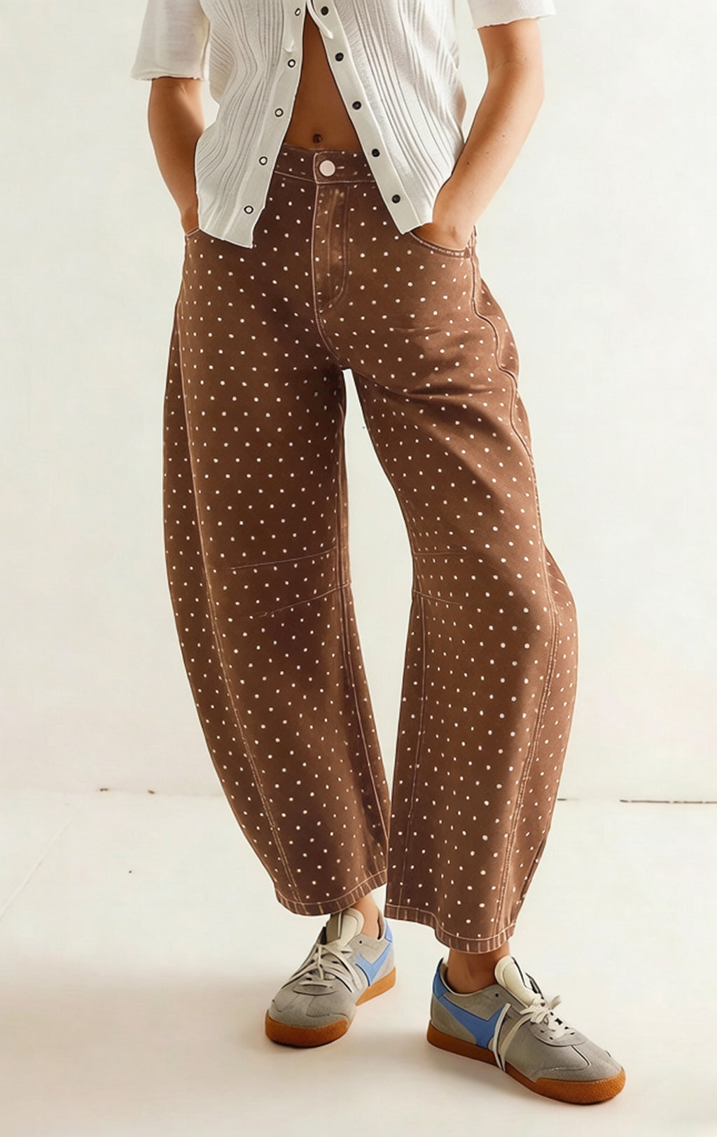 CHOUYATOU Women Baggy Polka Dot Barrel Jeans Y2K Floral Print Wide Leg Jeans Boyfriend Denim Ankle Pants