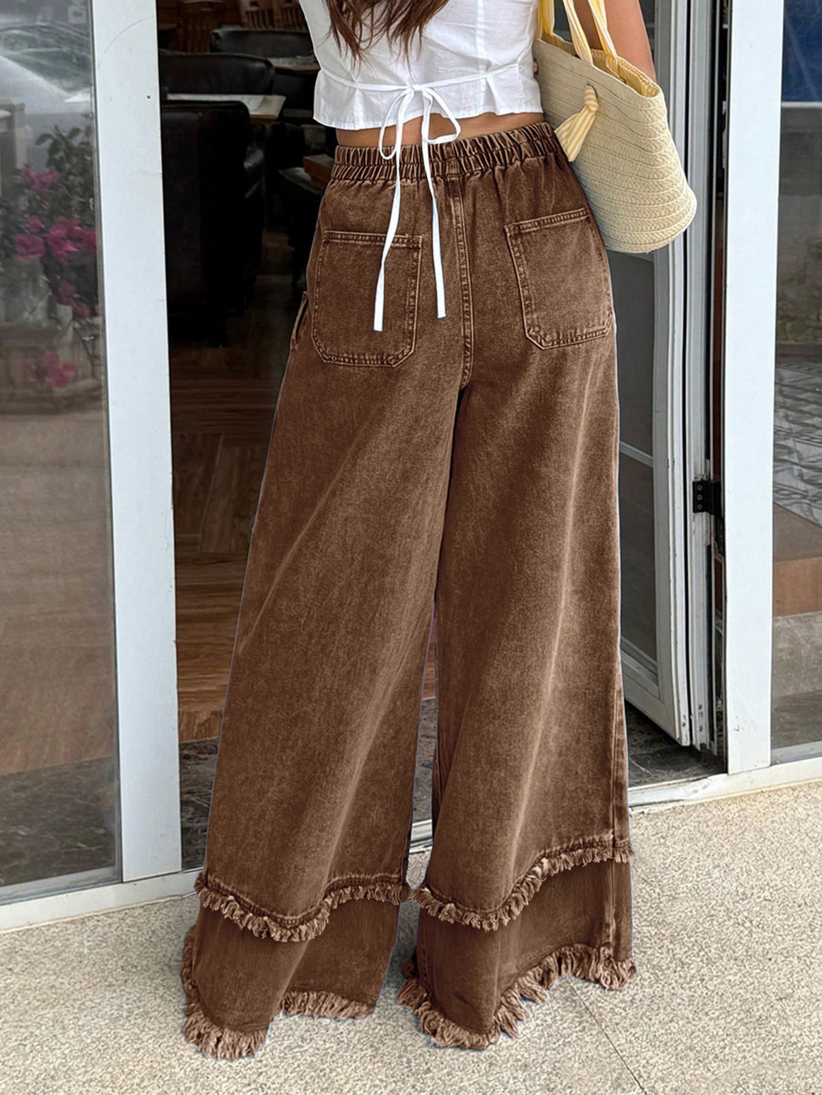 CHOUYATOU Women's Frayed Fringe Wide Leg Jeans Pleated Baggy Denim Pants | Elastic Waistband, Fringed Tassel Hem, Elegant Pleats, Baggy Loose Fit, With Pockets, Jeans For Women Fringe Bottom