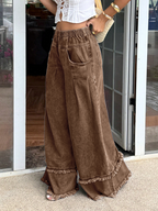 CHOUYATOU Women's Frayed Fringe Wide Leg Jeans Pleated Baggy Denim Pants | Elastic Waistband, Fringed Tassel Hem, Elegant Pleats, Baggy Loose Fit, With Pockets, Jeans For Women Fringe Bottom