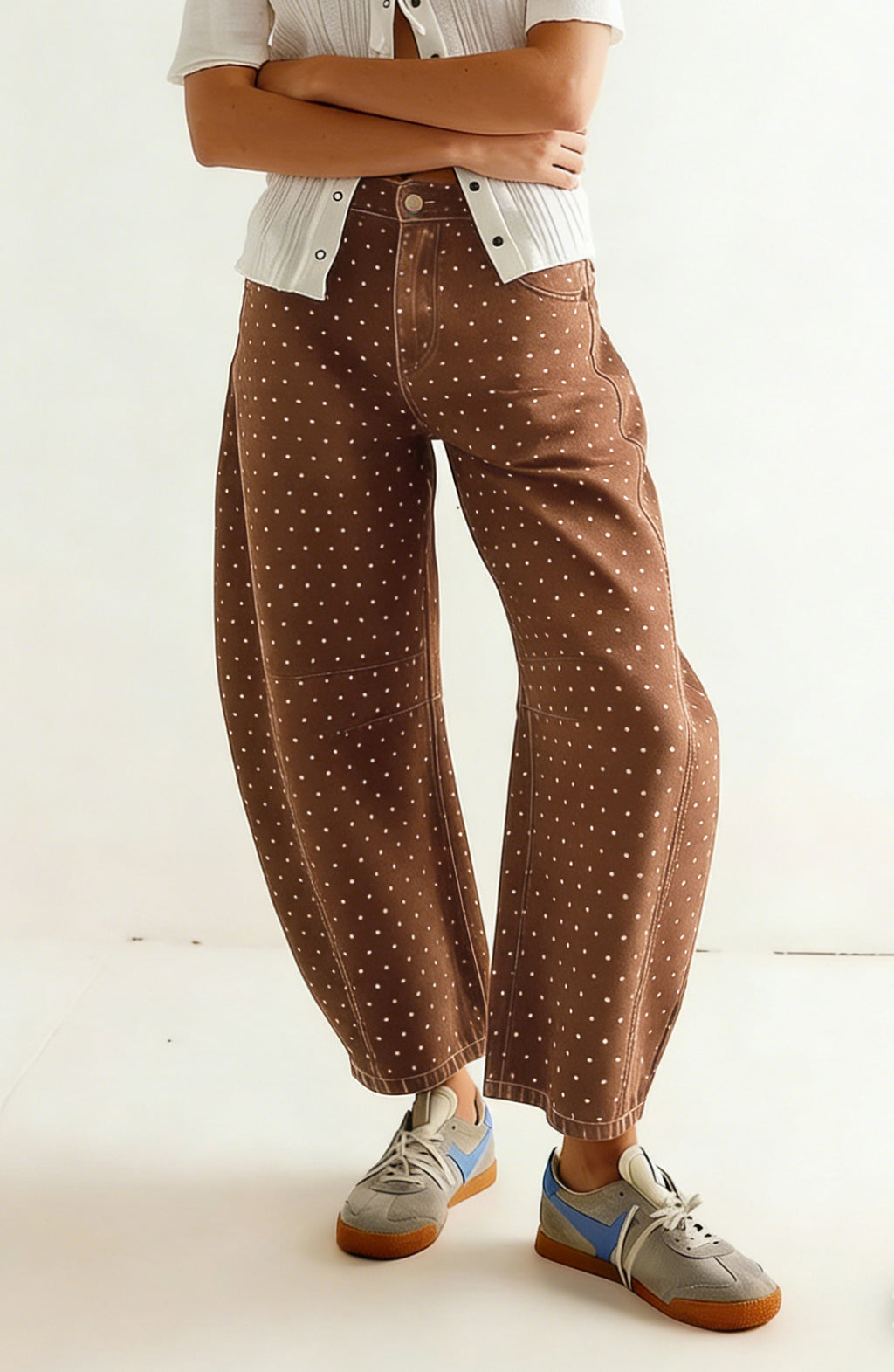 CHOUYATOU Women Baggy Polka Dot Barrel Jeans Y2K Floral Print Wide Leg Jeans Boyfriend Denim Ankle Pants
