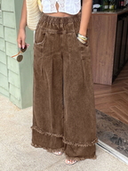 CHOUYATOU Women's Frayed Fringe Wide Leg Jeans Pleated Baggy Denim Pants | Elastic Waistband, Fringed Tassel Hem, Elegant Pleats, Baggy Loose Fit, With Pockets, Jeans For Women Fringe Bottom