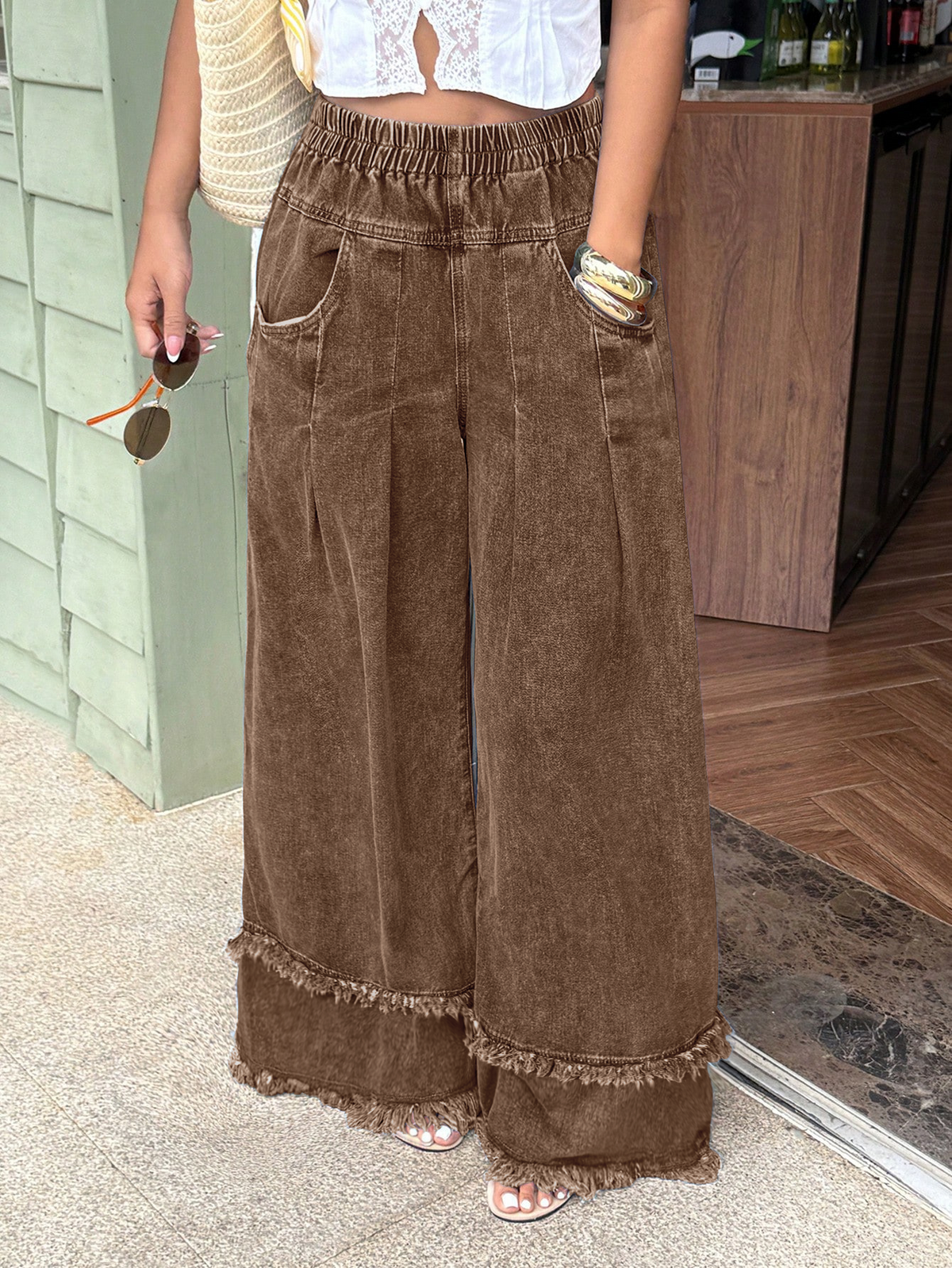 CHOUYATOU Women's Frayed Fringe Wide Leg Jeans Pleated Baggy Denim Pants | Elastic Waistband, Fringed Tassel Hem, Elegant Pleats, Baggy Loose Fit, With Pockets, Jeans For Women Fringe Bottom