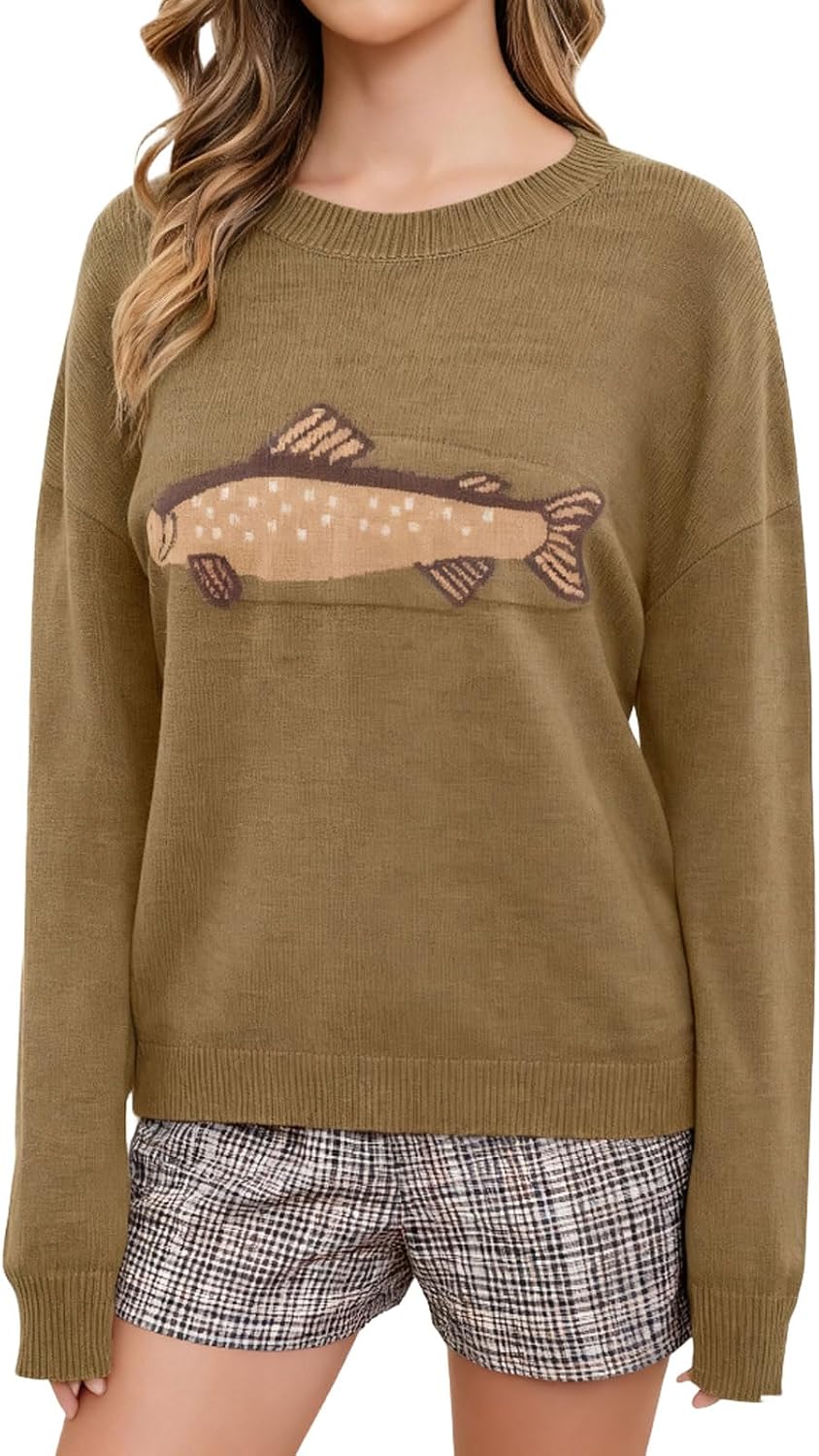 Chouyatou Women Fashion Crew Neck Rib Knit Crucian Carp Graphic Oversized Y2k Pullover Sweater Jumper