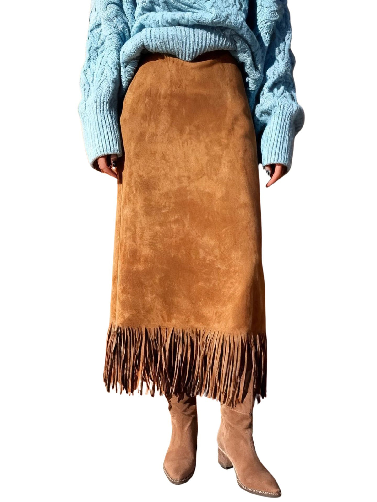 CHOUYATOU Women's Fringe Trim Faux Suede Skirt High Waisted Pencil Dressy Fall Winter Midi Long Skirt