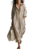 Chouyatou Womens Summer Boho Striped Cotton Dress Long Sleeve Lapel Collar Beach Shirt Dress with pockets
