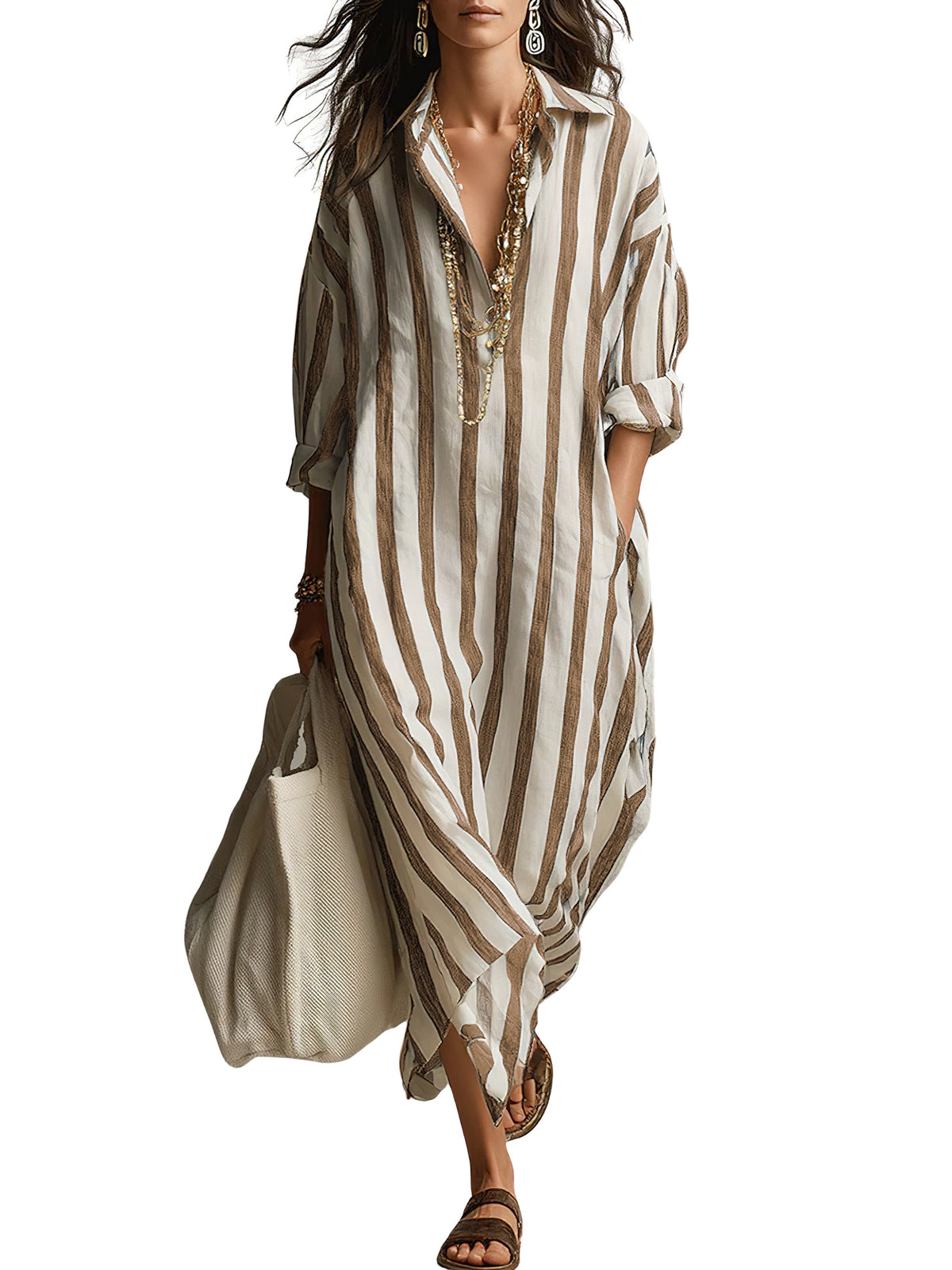 Chouyatou Womens Summer Boho Striped Cotton Dress Long Sleeve Lapel Collar Beach Shirt Dress with pockets