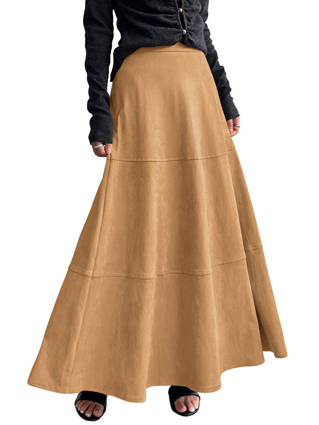 CHOUYATOU Women's Elegant Ruffle Faux Suede Leather Skirt High Waisted A Line Fall Winter Maxi Long Skirt