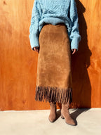 CHOUYATOU Women's Fringe Trim Faux Suede Skirt High Waisted Pencil Dressy Fall Winter Midi Long Skirt