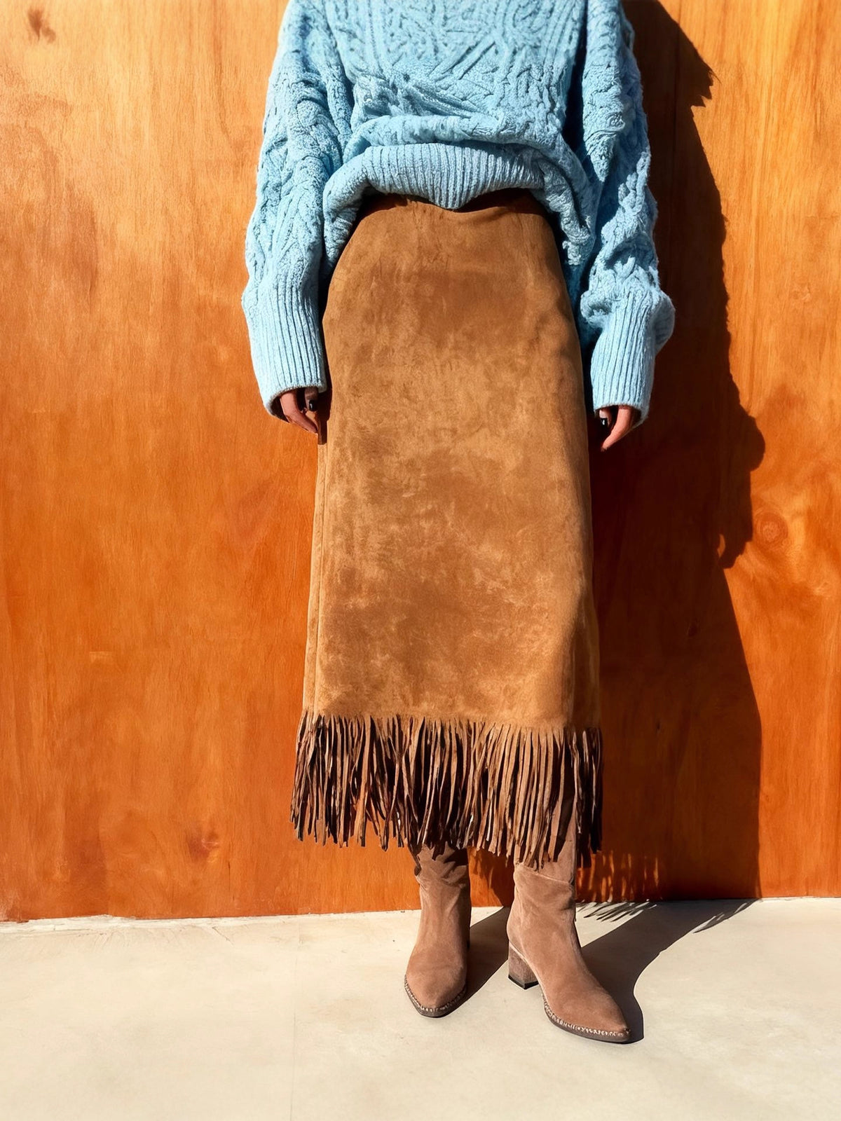CHOUYATOU Women's Fringe Trim Faux Suede Skirt High Waisted Pencil Dressy Fall Winter Midi Long Skirt