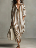 Chouyatou Womens Summer Boho Striped Cotton Dress Long Sleeve Lapel Collar Beach Shirt Dress with pockets