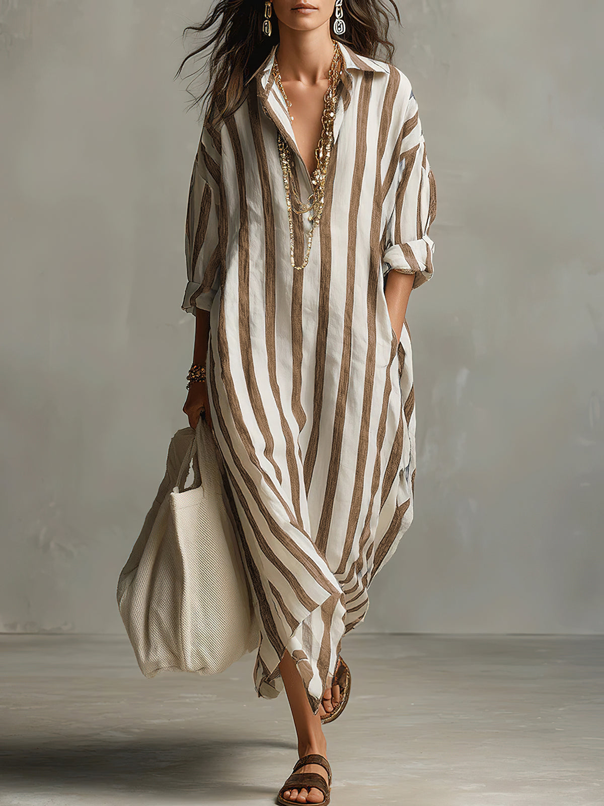 Chouyatou Womens Summer Boho Striped Cotton Dress Long Sleeve Lapel Collar Beach Shirt Dress with pockets