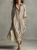 CHOUYATOU Womens Summer Boho Striped Cotton Dress Long Sleeve Lapel Collar Beach Shirt Dress with pockets