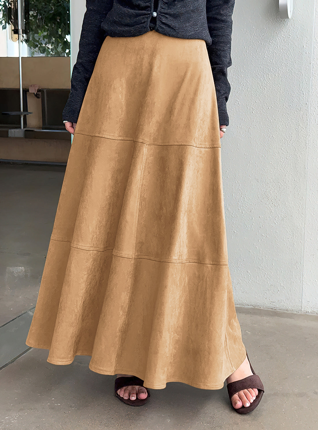 CHOUYATOU Women's Elegant Ruffle Faux Suede Leather Skirt High Waisted A Line Fall Winter Maxi Long Skirt
